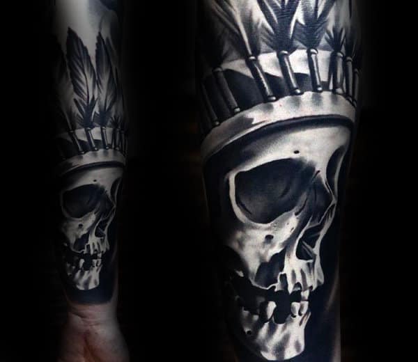 Ultra Realistic 3d Mens Indian Skull Shaded Black And Grey Ink Forearm Sleeve Tattoos