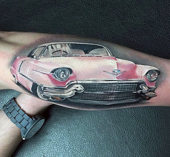 Ultra Realistic 3d Pink Cadillac Classic Car Guys Outer Forearm Tattoo