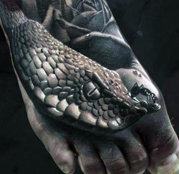 Ultra Realistic 3d Snake With Ant Mens Foot Tattoo