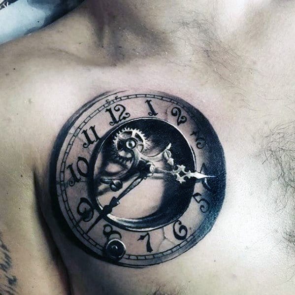 Ultra Realistic 3d Unbelievable Mens Upper Chest Clock Tattoo