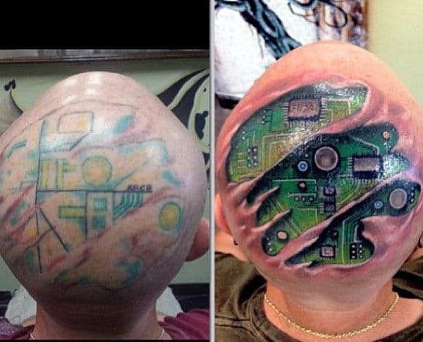 Ultra Realistic Circuit Board Head Tattoos For Males