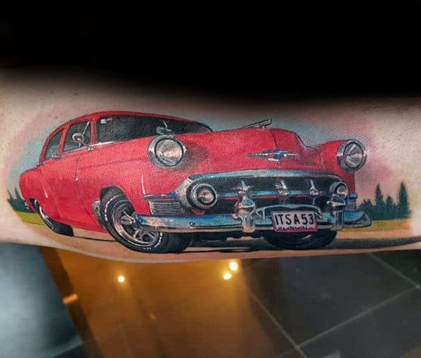 Ultra Realistic Mens 3d Red Chevy Car Outer Arm Tattoos