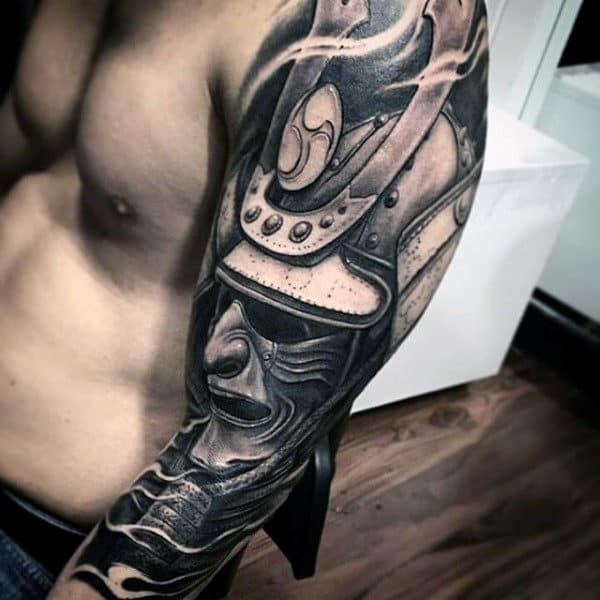 Ultra Realistic Mens 3d Samurai Helmet Shaded Sleeve Tattoo Inspiration