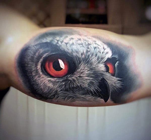 Ultra Realistic Mens Owl Inner Arm Bicep Tattoo Ideas