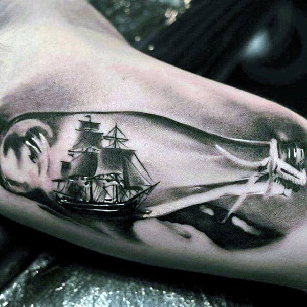 Ultra Realistic Ship In A Bottle Glass Mens Tattoo Ideas