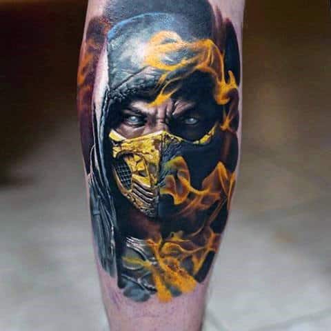Ultra Reslistic Guys Mortal Kombat Flaming Tattoo On Leg Calf