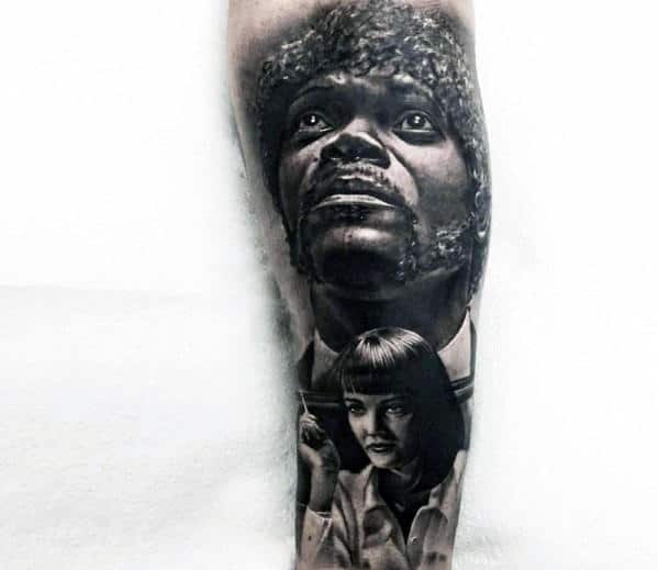Uma Thurman And Samuel L Jackson Pulp Fiction Leg Sleeve Tattoo For Guys