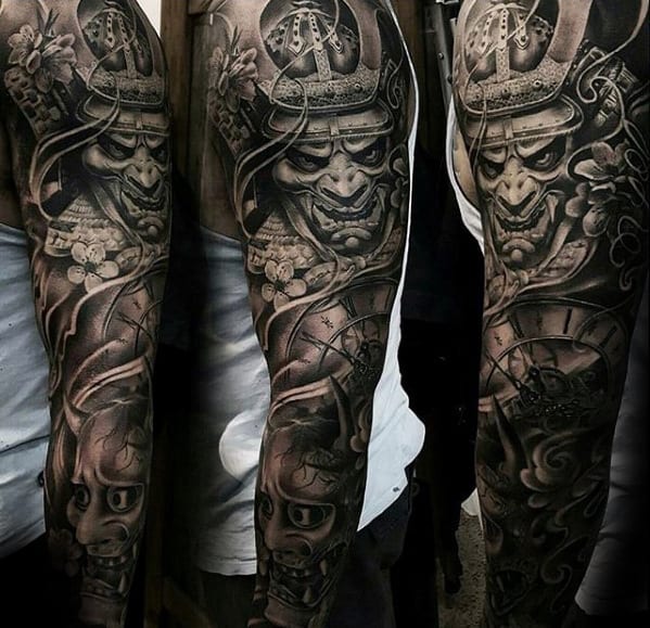 Unbelievable Samuari With Demon Mask Mens Sleeve Tattoo Designs