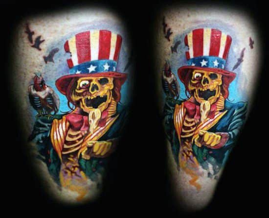 Vibrant skeletal Uncle Sam tattoo with a decayed look, bold red, white, and blue colors, perched vulture, and flying bats in the background.