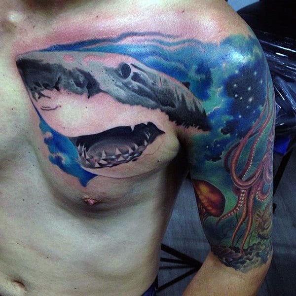 Underwater Artistic Shark Watercolor Mens Chest And Half Sleeve Tattoo