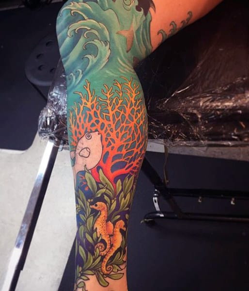 Underwater Beach Ocean Tattoo For Men Leg Sleeve