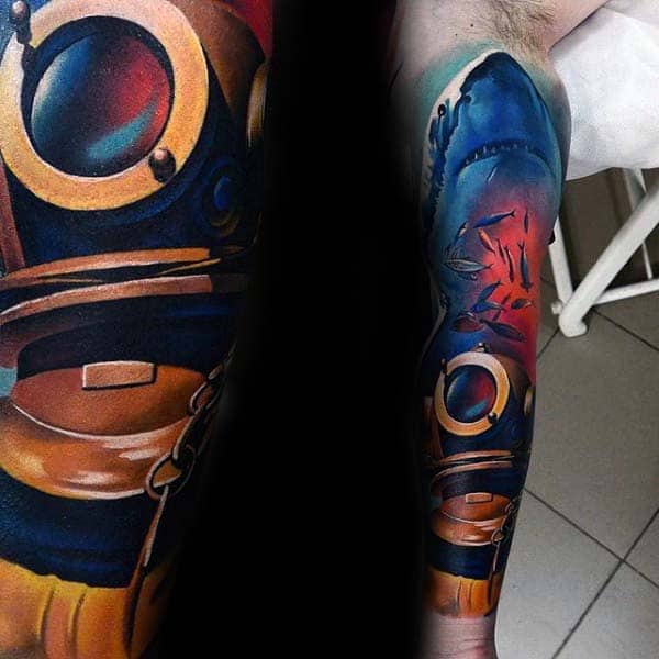 Underwater Colorful Diver Helmet With Shark Extreme Mens Full Arm Sleeve Tattoo