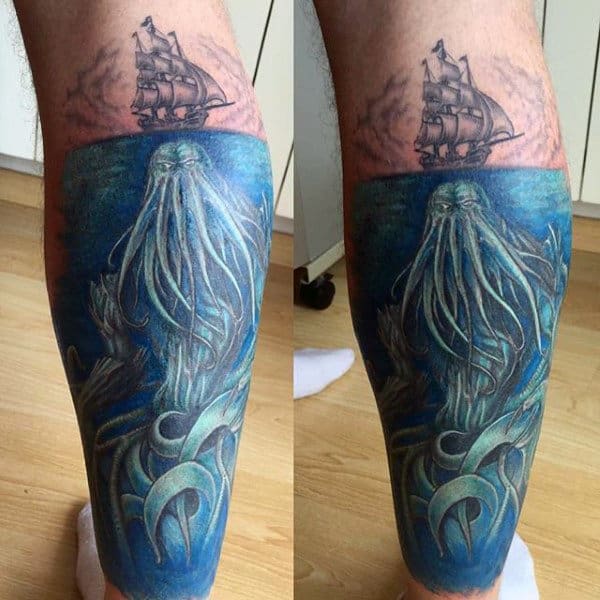 Underwater Cthulhu And Saiing Ship Mens Leg Sleeve Tattoo