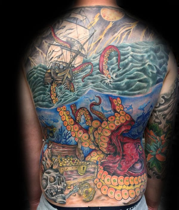 Underwater Guys Deep Sea Kraken Full Back Tattoos
