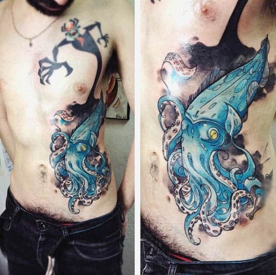 Underwater Mens Squid Ink Tattoo On Rib Cage Side In Blue