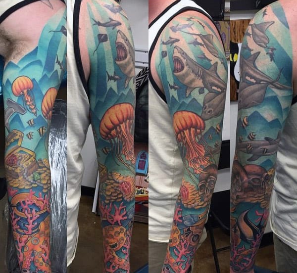 Underwater Ocean Male Coral Reef Sleeve Tattoos