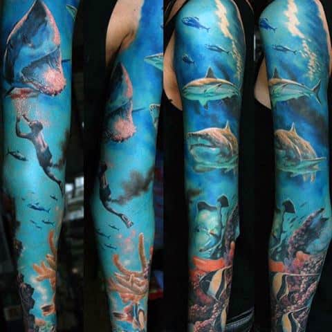 Underwater Ocean Unique Watercolor Blue Ink Mens Sleeve Tattoos