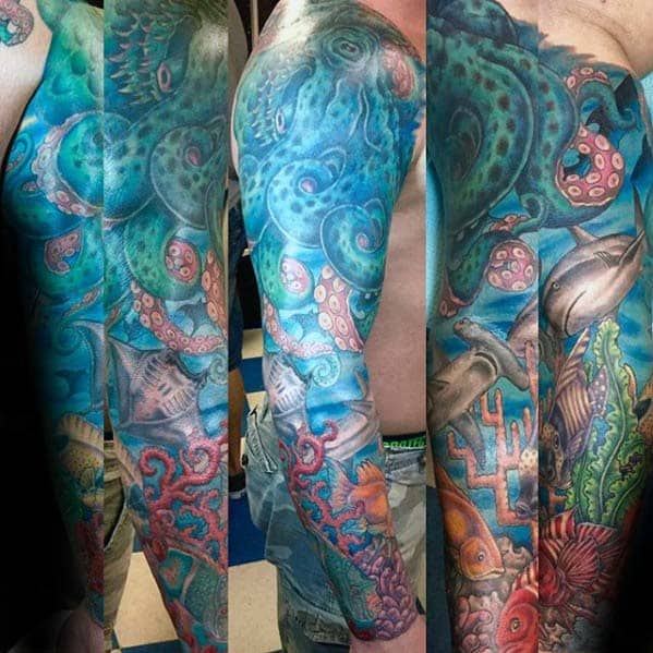 Underwater Sea Life Mens Ocean Themed Sleeve Tattoo On Arm