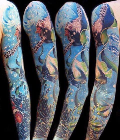 Underwater Themed Male Ocean Coral Reef Full Sleeve Tattoo