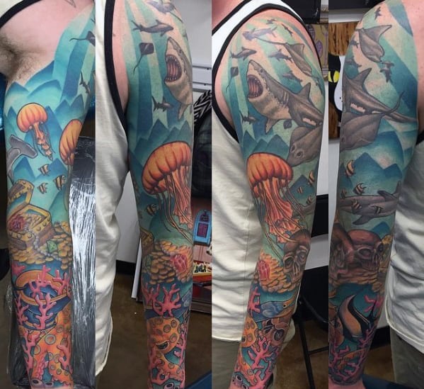 Underwater Themed Mens Treasure Chest Full Sleeve Tattoos
