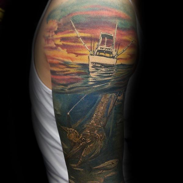 Underwater With Boat Half Sleeve Masculine Marlin Tattoos For Men