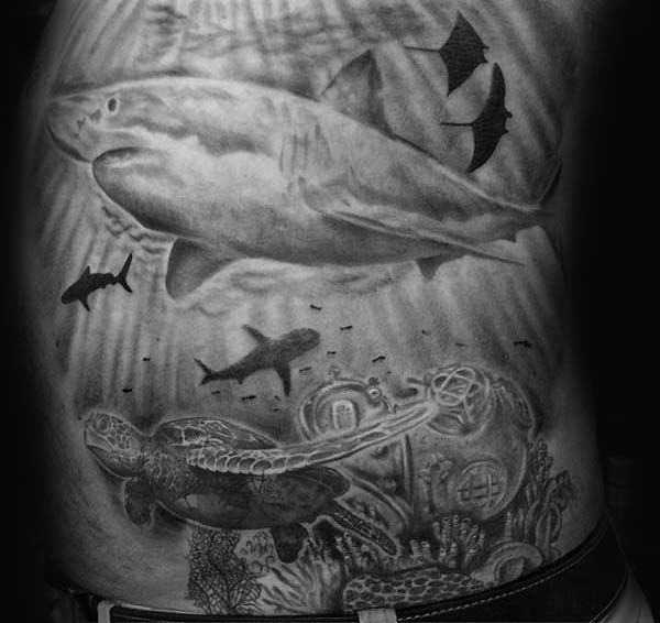Underwaterc Ocean Mens Turtle And Shark Side Tattoos