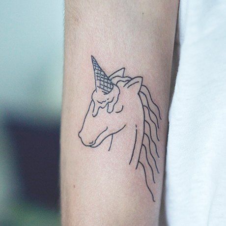 A minimalist black ink tattoo of a unicorn with an ice cream cone as its horn, melting slightly for a playful and surreal effect.