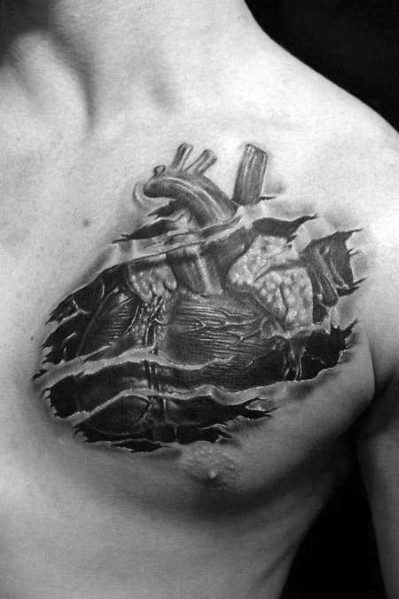 Black and grey 3D tattoo of an anatomical heart with a torn skin effect, revealing mechanical and organic elements for a bold chest design.