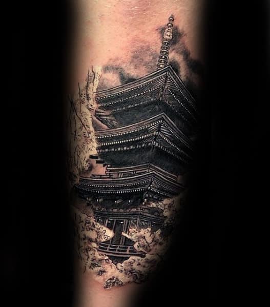 Unique 3d Japanese Temple Outer Forearm Tattoo Ideas For Men