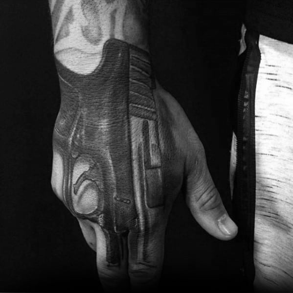 Unique 3d Pistol Guys Hand Tattoo
