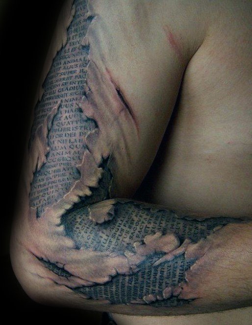 Unique 3d Ripped Skin Quote Half Sleeve Realistic Mens Latin Tattoos