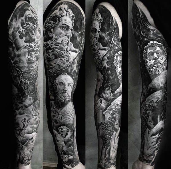 Unique Arm Mens Greek Gods Themed Full Sleeve Tattoo Ideas
