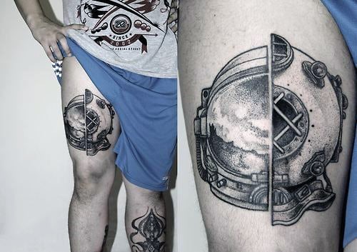 Unique Astronaut Gear Tattoo On Thighs For Men
