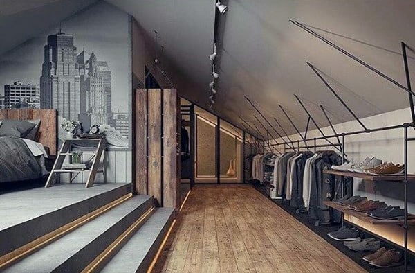 attic bachelor modern bedroom with clothing storage 