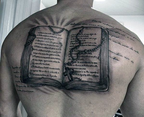Unique Bible With Rosary Male Back Tattoos