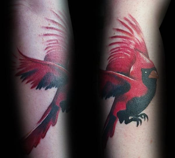 Unique Black And Red Cardinal Bird Flying Male Arm Tattoos