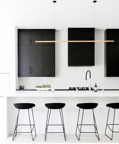 Modern black and white kitchen with bar stools and minimalist cabinets.