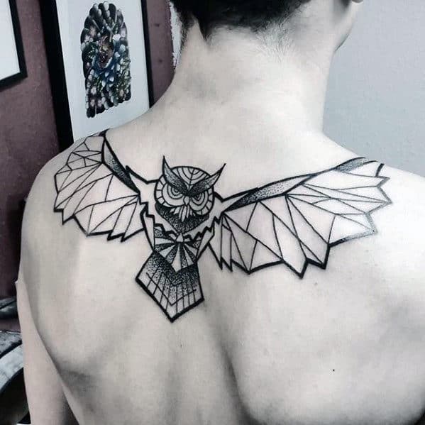 Unique Black Ink Outline Geometric Owl Mens Tattoo On Upper Back