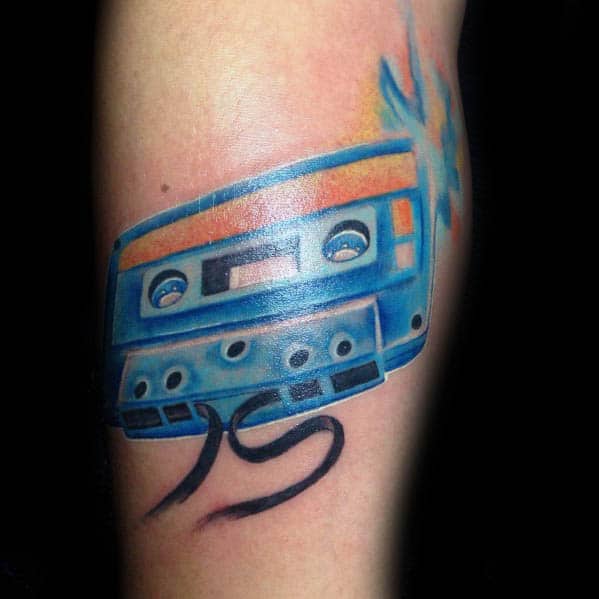 Unique Blue And Orange Cassette Tape Guys Leg Tattoos