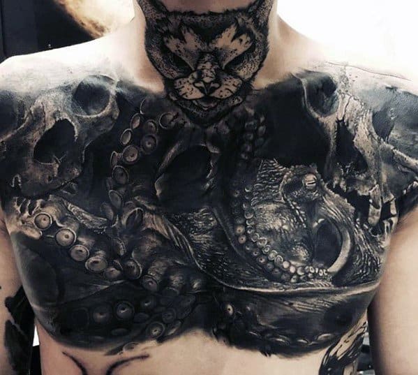 Unique Chest Skulls With Octopus 3d Tattoo For Men