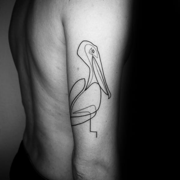 Minimalist continuous line tattoo of a pelican on the upper arm, featuring sleek black ink strokes for a modern and artistic design.