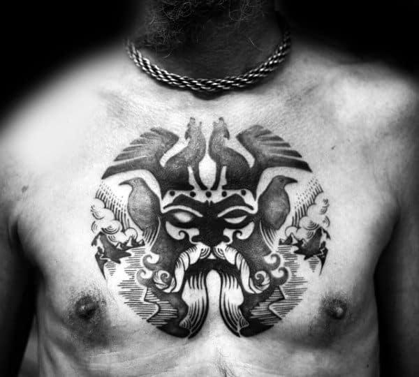 Unique Creative Guys Odin Dotwork Circle Chest Tatoo