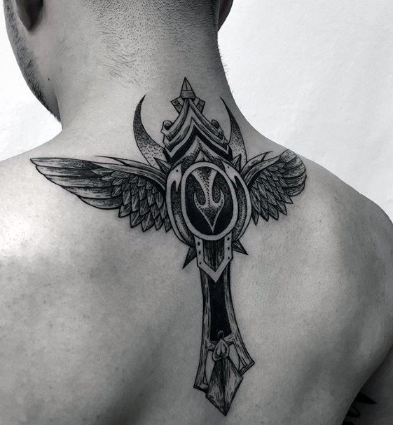Unique Cross Male Upper Back Tattoo Designs