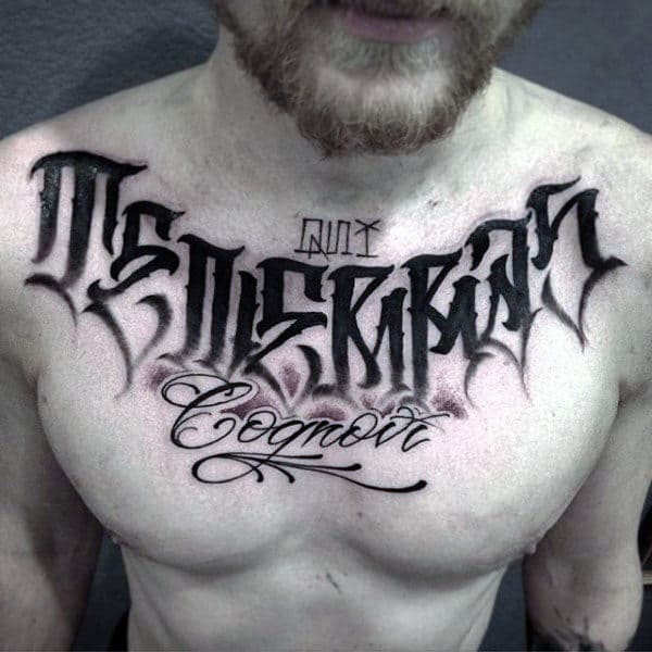 Unique Dark Lettering Tattoo Male Chest