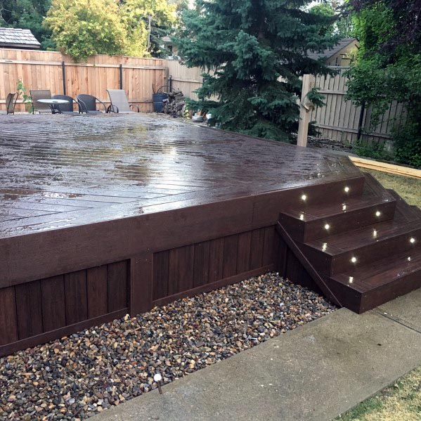 large brown wood deck with stairs