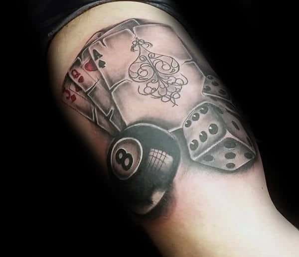 Unique Dice With 8 Ball And Cards Male Bicep Tattoos