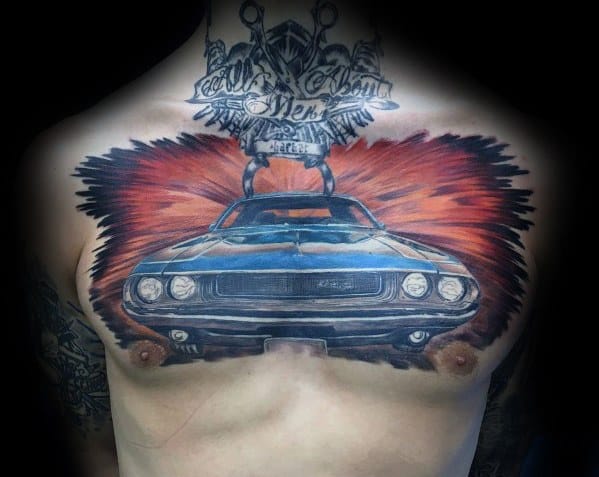 Bold chest tattoo featuring a blue Dodge Challenger with fiery background, creating a powerful and dynamic muscle car design.