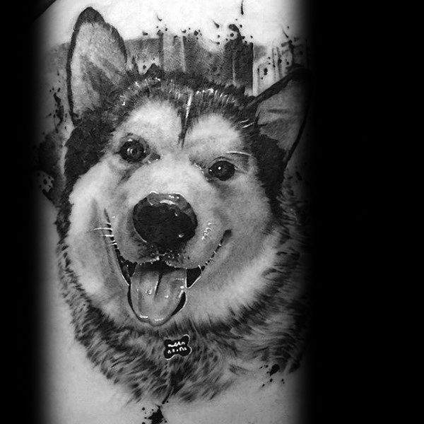 Hyper-realistic Siberian Husky tattoo on a man's arm, featuring intricate fur details, a joyful expression, and a dynamic cityscape background.