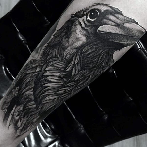 Unique Dotwork Guys Black And Grey Crow Leg Tattoos