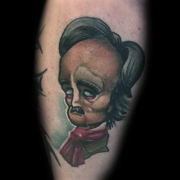 Cartoon-style Edgar Allan Poe tattoo with exaggerated features, droopy eyes, and a red scarf, done in muted color tones for a quirky effect.